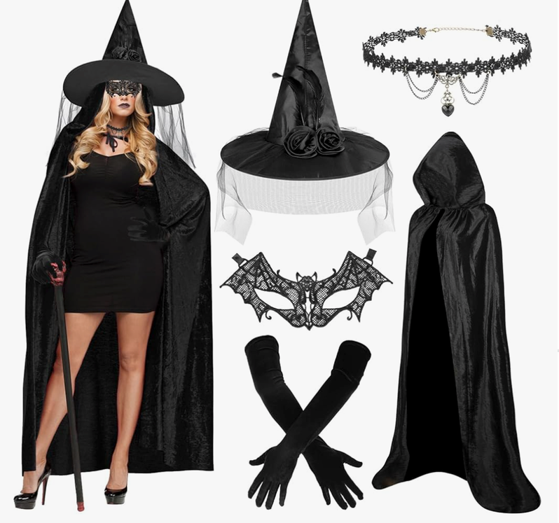 Witches Costume Women Hooded Cape Witch Hat Lace Masks Gloves Halloween Costumes Witch Outfit Women Dress up Cosplay Black