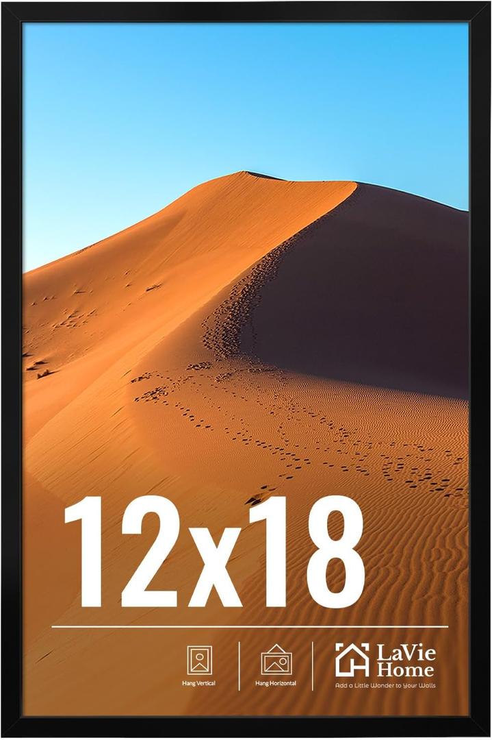 LaVie Home 12x18 Picture Frame for Wall Display, 12x18 Black Picture Frame with HD Plexiglas, 12 x 18 Poster Frame 1 Pack, Display Frame for Vertical or Horizontal, Classic Collection