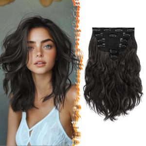 BARSDAR Black Brown Clip-in Hair Extensions - 12 Inch Wavy, Full Head Thick Soft Synthetic Clip-in Hairpieces for Daily Party Halloween