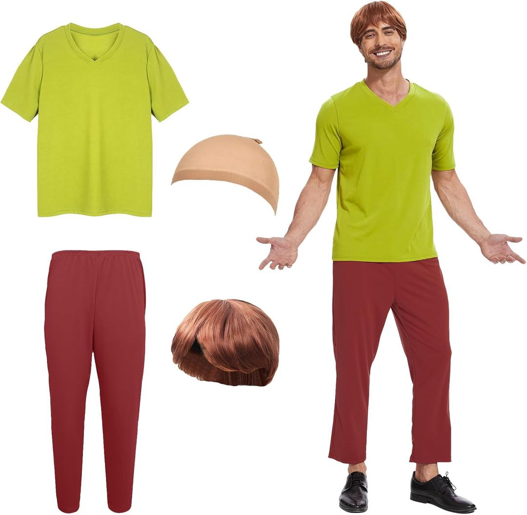 Adult Halloween Costume Men Classic Movie Cartoon Character Costumes Set, Brown Wig, Green T-Shirt and Brown Pants (Large)