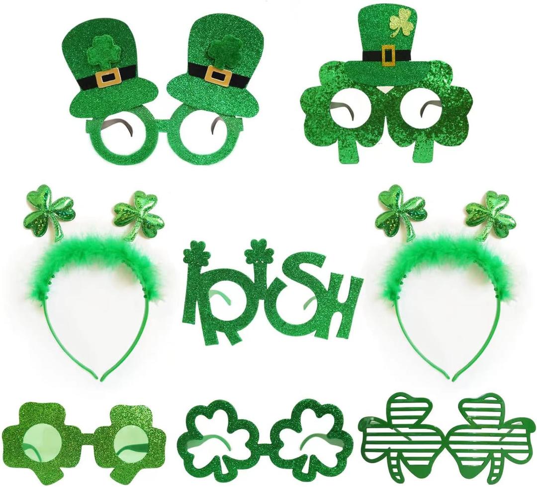 JAKADYUKS St. Patrick's Day Glasses Headbands 8 Packs Party Favors, Irish Green Shamrock Clover Costume Accessories, Eyeglasses Frame Selfie Photo Booth Props for Saint Pattys Day Party Supplies