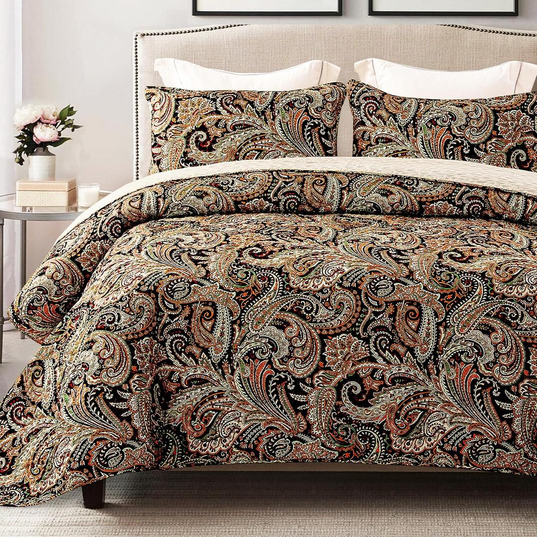 Exclusivo Mezcla Reversible Boho Quilt Set King Size, 3 Pieces Paisley Black All Season Bedspreads, Ultra Soft Floral Coverlet Bedding Set with Printed Pattern (1 Quilt, 2 Pillow Shams) (King (96"x104"), Paisley-colorful Black)