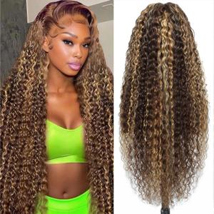 32 Inch Ombre Lace Front Wig Human Hair Pre Plucked Deep Wave Lace Front Wigs Human Hair Honey Blonde 13x6 HD Lace Front Wigs 200 Density 4/27 Highlight curly wig