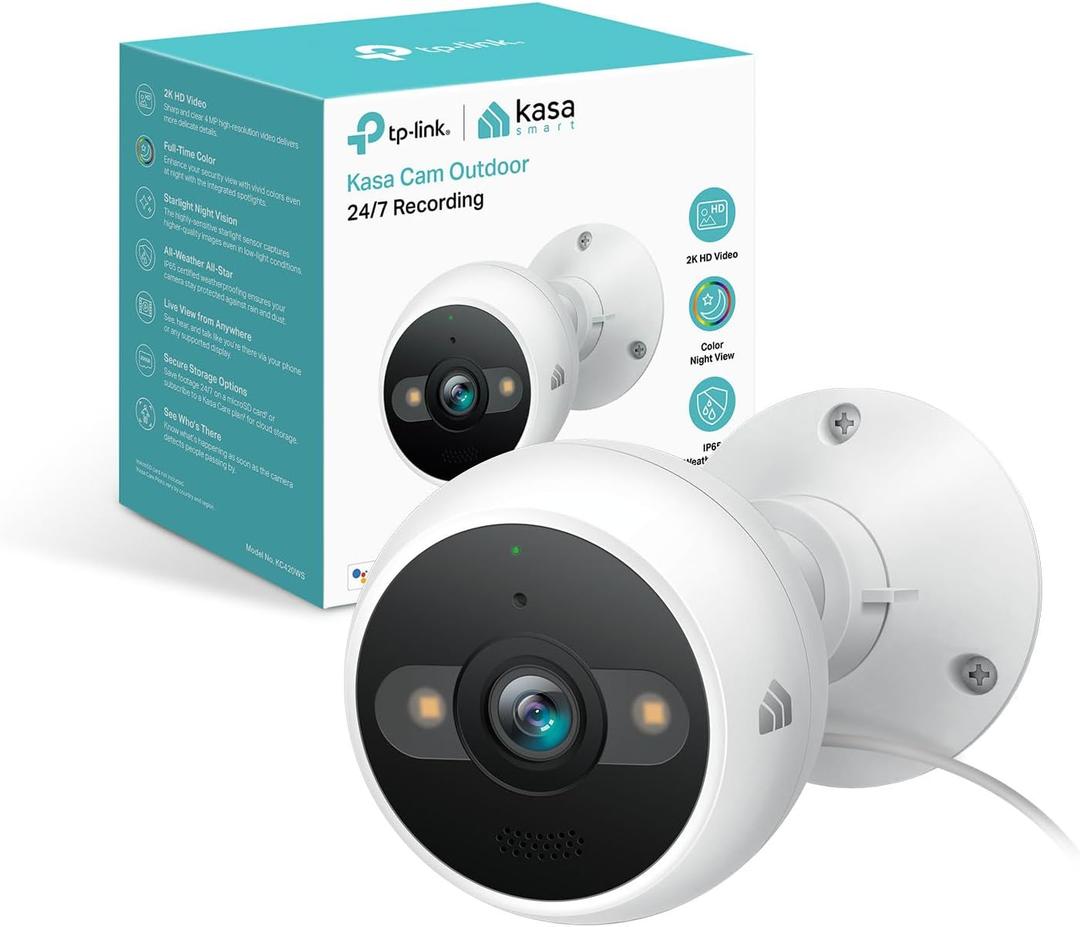 Kasa 2K+ Outdoor Wired Security Camera  Person/Motion Detection, 24/7 Recording, 2Way Audio, Siren, Starlight Color Night Vision, SubscriptionFree Local Storage or Optional Cloud, KC420WS