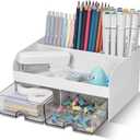 Desk Organizer with 2 Drawer, Multi-Functional Pencil Pen Holder for Desk, Desk Organizers and Storage with 6 Compartments, Desktop Organizer for Office Home Art Supplies (White)