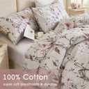 Bedorm Floral Comforter Set Queen 100% Cotton Bedding Pink White Flower Branches Botanical Comforter Extra Soft Cozy Year-Round Comfort Bedding Comforter Set 3 Pcs