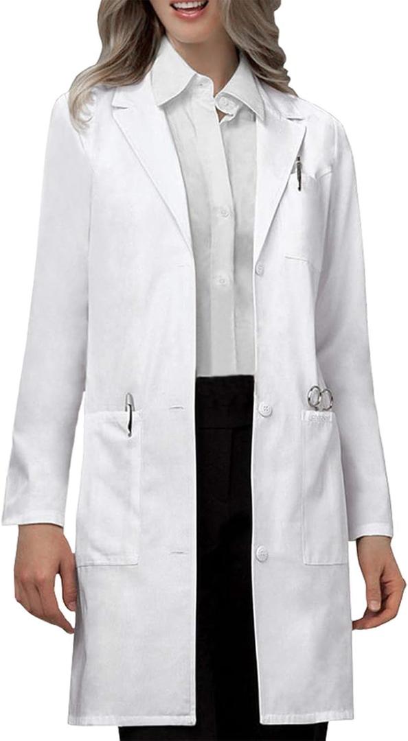 VOGRYE Women's Lab Coat Long Sleeve 3 Pocket Medical Coat with Button Wrinkle Resistant Professional for Doctor Nurse (White, M)