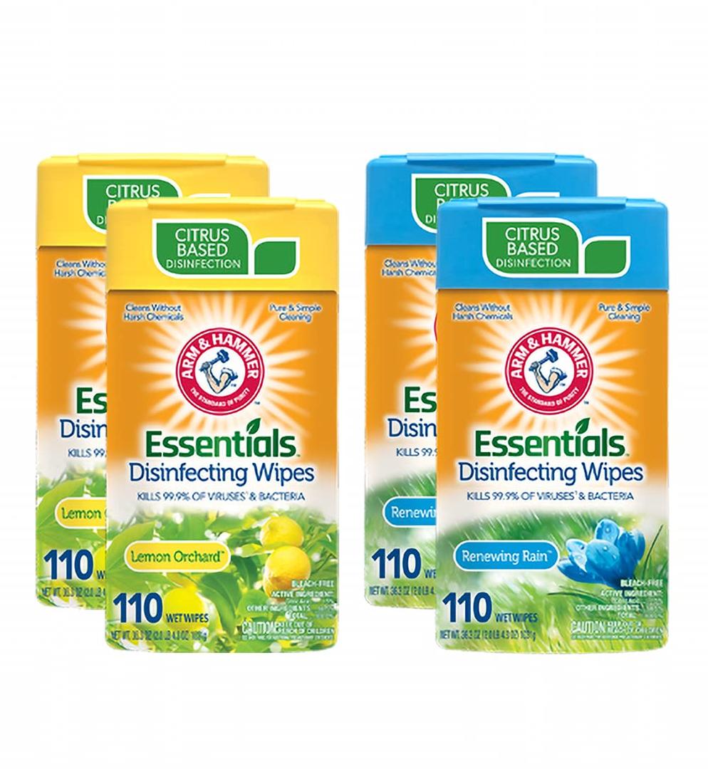 Arm & Hammer Essentials Disinfecting Wipes, Lemon Orchard and Renewing Rain Variety 110 Count (Pack of 4)