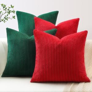OTOSTAR Pack of 4 Decorative Throw Pillow Covers 16x16 Inch Soft Corduroy Decorative Modern Pillow Covers Farmhouse Couch Boho Pillowcases Home Couch Bed Decor (Red Green)