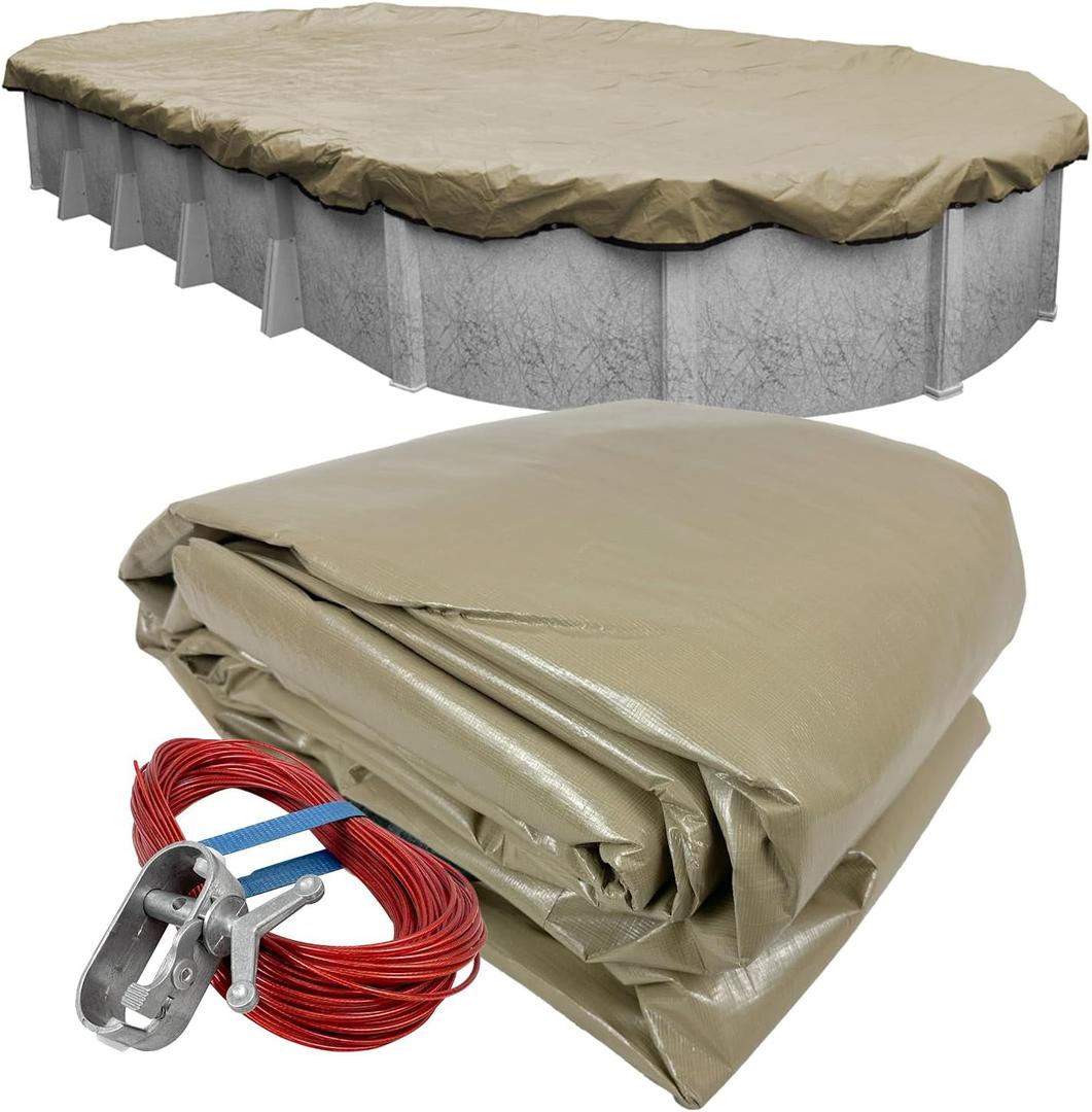 Robelle 12 x 24 ft Premium Winter Oval Pool Cover for Above Ground Pools | Tan Pool Cover, 4 ft Overlap (16 x 28ft Cover Size), Solid 14 x 14 Scrim, 5.2 oz/yd2, Style: 311224-4A