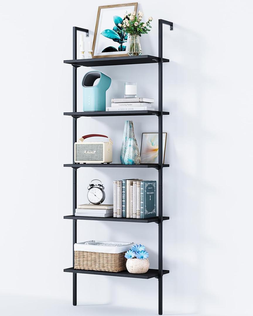 ODK 5-Tier Ladder Shelf, Book Shelf with Metal Frame, Bookcase for Living Room, Home Office, Kitchen & Bedroom, Space Saving Freestanding Organizer Rack, Black (10" D x 24" W x 74" H)