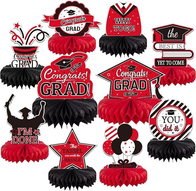 10PCS Graduation Decorations Class of 2025 Centerpieces, Congrats Grad Honeycomb Table Toppers for Graduation Party Favors, 2026 Graduation Party Decorations (10PCS, Red & Black)
