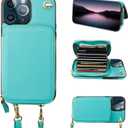 Bocasal Crossbody Wallet Case for iPhone 13 Pro Max, RFID Blocking Leather Purse Case with Card Holder, Protective Handbag Flip Cover with Zipper Wrist Strap Lanyard for Women 5G 6.7 Inch (Mint Green)