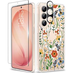 GVIEWIN for Samsung Galaxy S24 Plus Case, Clear Floral Slim Shockproof Protective Women Phone Case, Non-Yellowing, with Screen Protector & Camera Lens Protector for S24 Plus 6.7", Blooming Flowerets