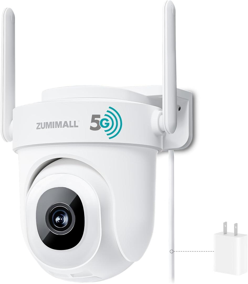 ZUMIMALL 5MP Security Camera Outdoor - 2.4G/5G WiFi, Wired Power 24/7 Recording | AI Motion & Noise Detection, 360 Auto Tracking, Color Night Vision | IP66 Weatherproof, Alexa Compatible (White)