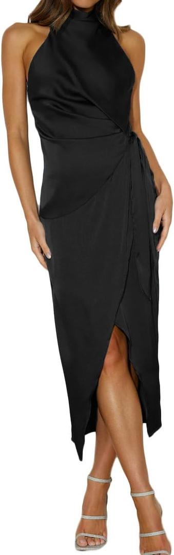 Halfisland Womens Summer Satin High Neck Sleeveless Wrap Dress Elegant Mock Neck Tie Waist Cocktail Formal Dresses (Medium, Black)