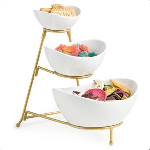 3 Tier Serving Bowls with Stand, Chips and Dip Serving Dishes Set for Entertaining Party, Ceramic Fruit Bowl for Salad Soup Snacks, Microwave & Dishwasher Safe (Large, Gold)