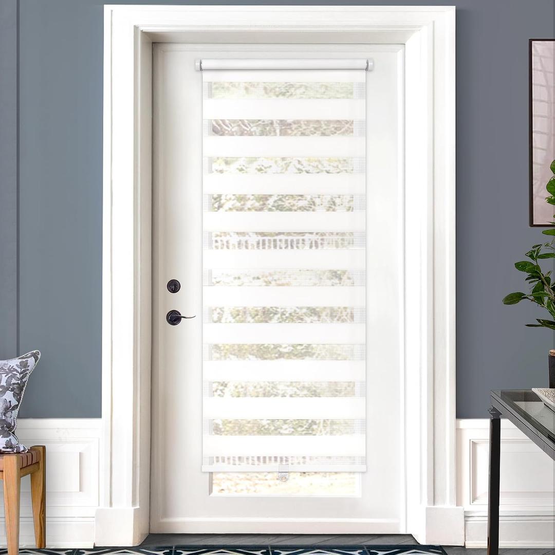 LazBlinds Cordless French Door Blinds, No Drill Roll Up Zebra Blinds for Doors, Light Control Day and Night Sheer Shades for Front Door Patio Sidelight Glass Door, 26.8'' W x 70'' L, White