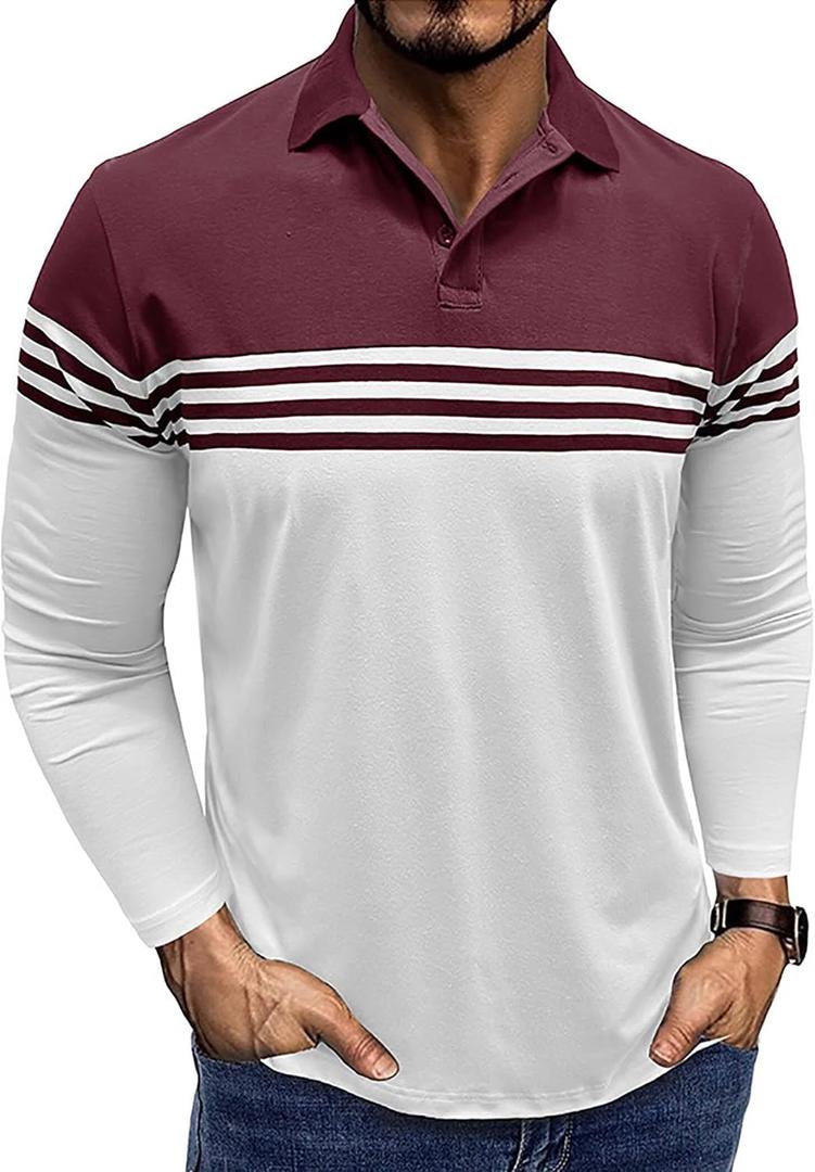 Men's Long Sleeve Polo Shirt Striped Cotton Moisture Wicking Classic Collared Casual Golf Shirts for Men (Red, XL)