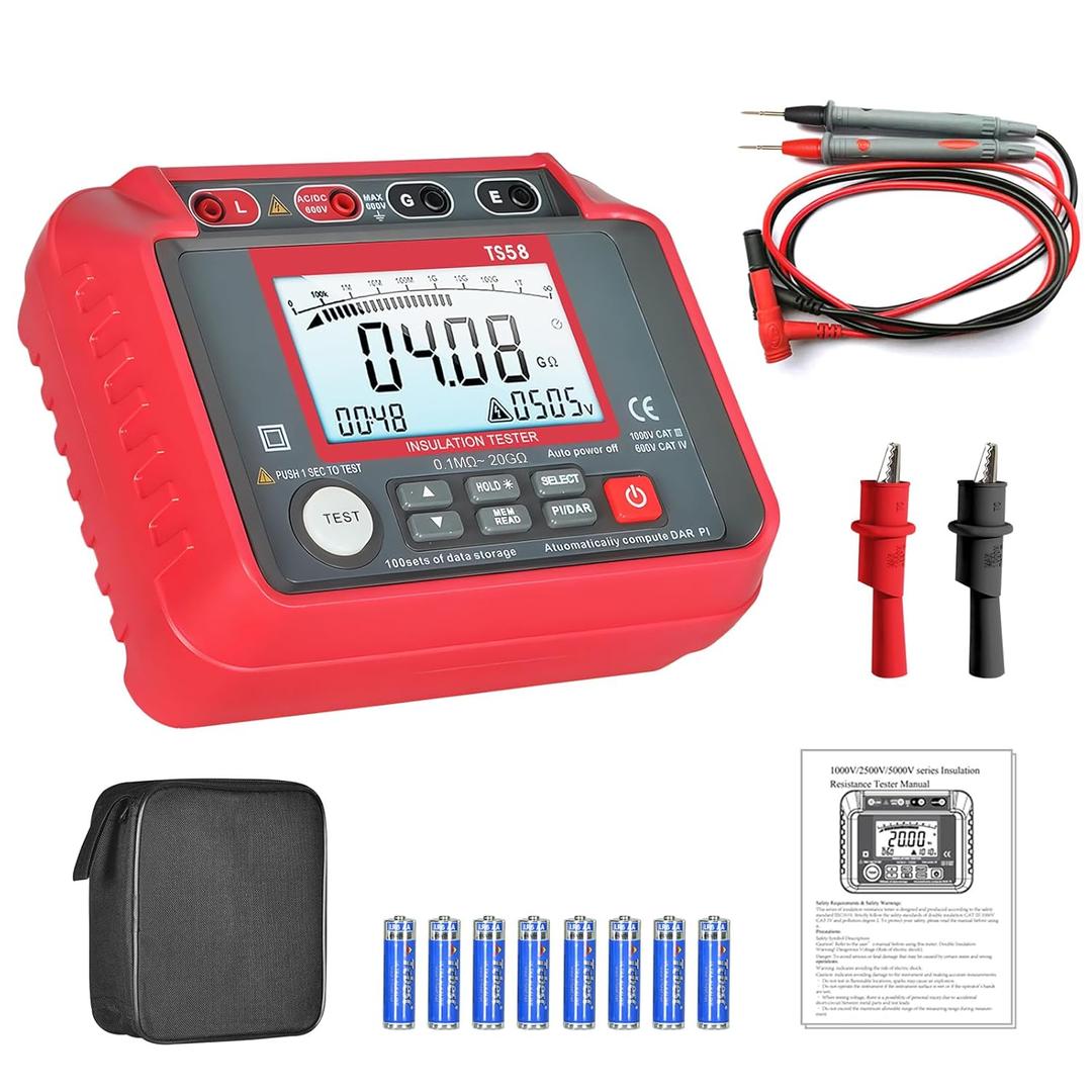 AIOMEST Megohmmeter 0.1M-20G Digital Insulation Resistance Tester with 50V/100V/250V/500V/1000V Output Voltage, Data Logging, 10V~600V AC/DC Voltmeter Megohm Meter w/Test Lead & Zipper Bag (red)