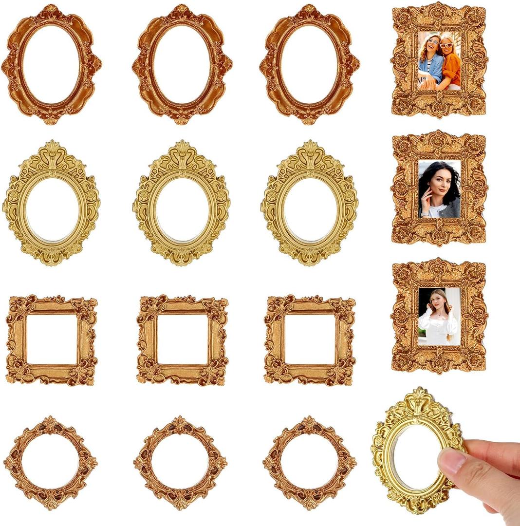 Tucnoeu 15pcs Small Gold Frames, Vintage Mini Picture Frames Baroque Tiny Picture Frames Little Antique Frames, Oval Rectangle Wall Hanging for Holiday Party Wedding DIY Photo Decoration Christmas