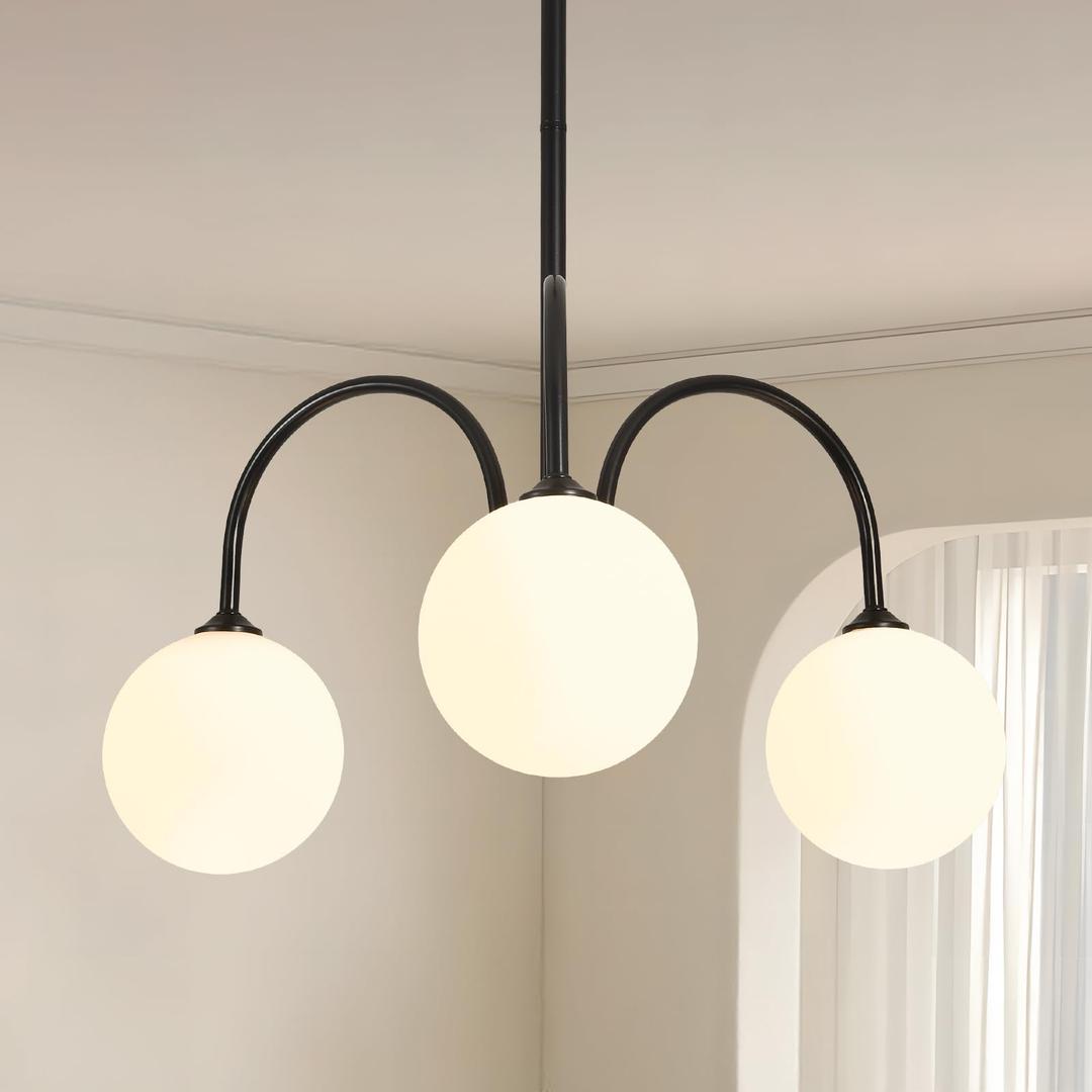 Ecoillumix Modern Black Chandelier, 3 Light Mid Century Sputnik Chandeliers, Dining Room Chandeliers with Milk Glass Globe Shade, Globe Chandelier for Dining Room, Living Room, Bedroom, Foyer,Kitchen