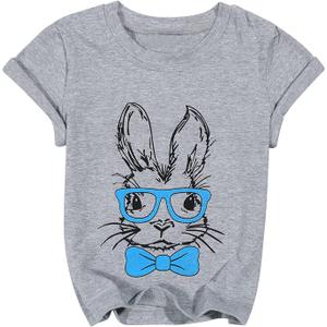 Toddler Easter Shirt Boys Girls Bunny T Shirt Rabbit with Glasses Graphic Tee Happy Easter Short Sleeve Tops Grey, 90