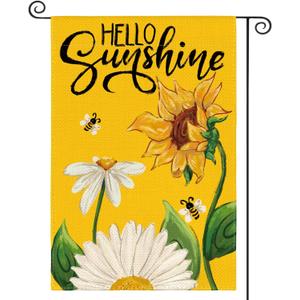 AVOIN Colorlife Daisy Sunflower Hello Sunshine Garden Flag 12x18 Inch Double Sided, Summer Seasonal Holiday Burlap Yard Outdoor Decoration Yellow