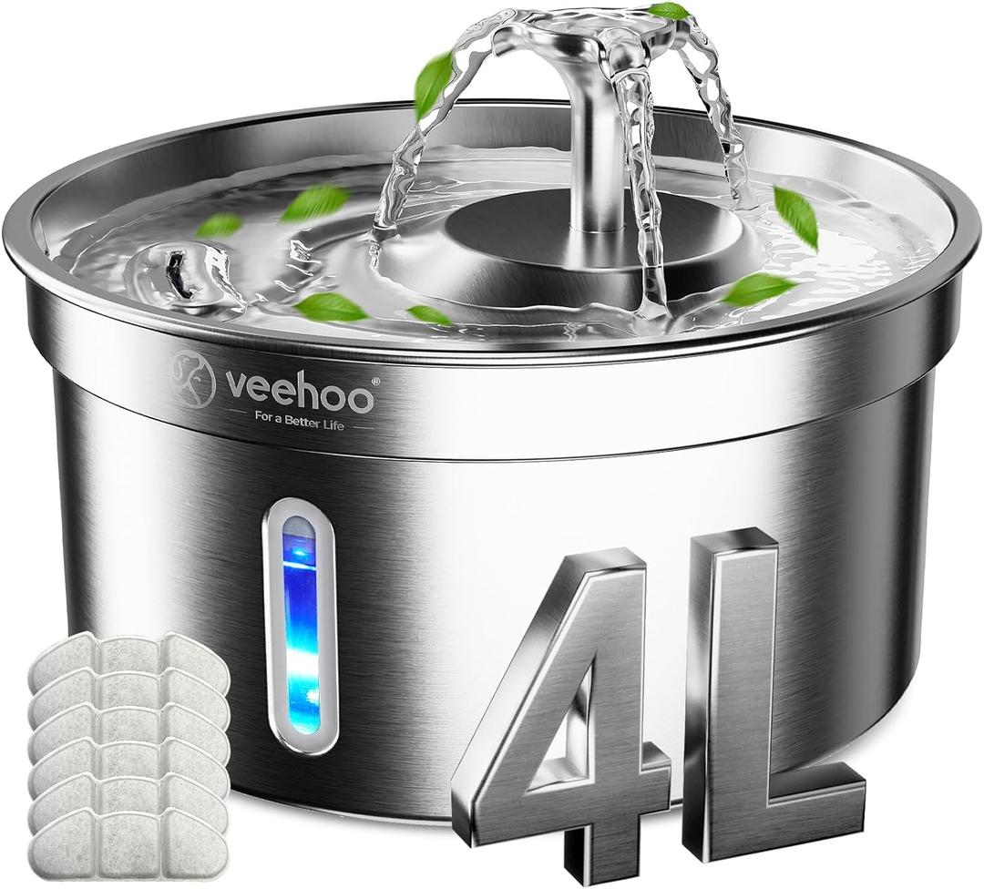 Veehoo Cat Water Fountain Stainless Steel 304-1.1Gal/4L Cat Fountain for Drinking with 6 Replacement Filters, Automatic Pet Water Fountain for Cats Indoor with Water Level Window
