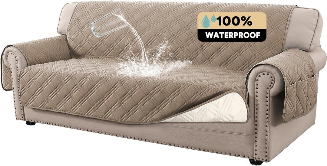 PrinceDeco 100% Waterproof Couch Cover for 3 Cushion Couch Sofa Pet Friendly Non-Slip Couch Cover for Dogs Washable Water Resistant Furniture Protector with Elastic Straps(Sofa 68", Taupe)