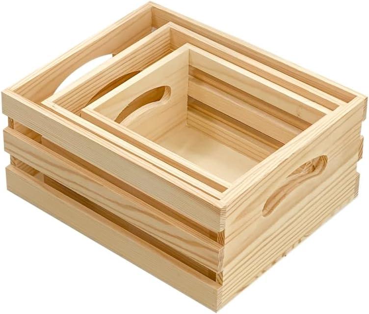 Cregugua Set of 3 Wooden Pallet Crates Nesting Unfinished Wood Trays Storage for DIY Crafts (Large Size 9.4 x 7.8 x 4.3 in)
