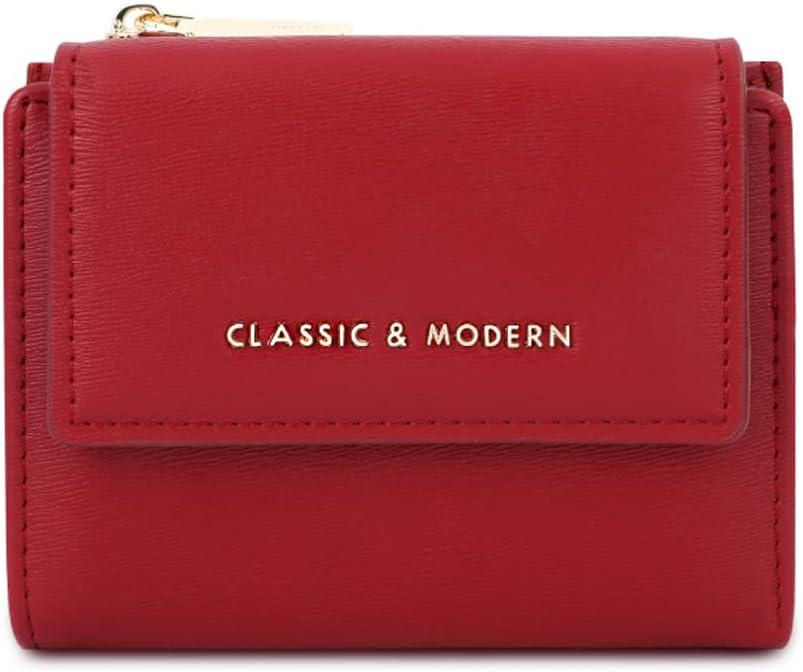 Sunwel Fashion Small Wallet Flapover Bifold Wallet Zipper Pocket Cash Card ID Window Coin Purse for Women Girls (RED)
