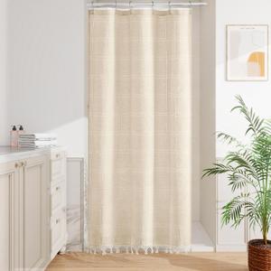Small Stall Linen Farmhouse Shower Curtain with Tassel, Modern Boho French Country Chic Bathroom Shower Curtain Set with PEVA Liner, Cotton Hollow Fabric Shower Curtain 36x72 - Beige/Cream