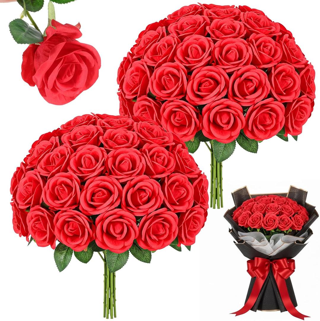 72 Pcs Red Roses Artificial Flowers Bulk, Realistic Long Stem Fake Silk Roses Bouquet Fake Red Rose for Valentine's Day Mother's Day Wedding Centerpieces Bridal Bouquet Party Home Decor