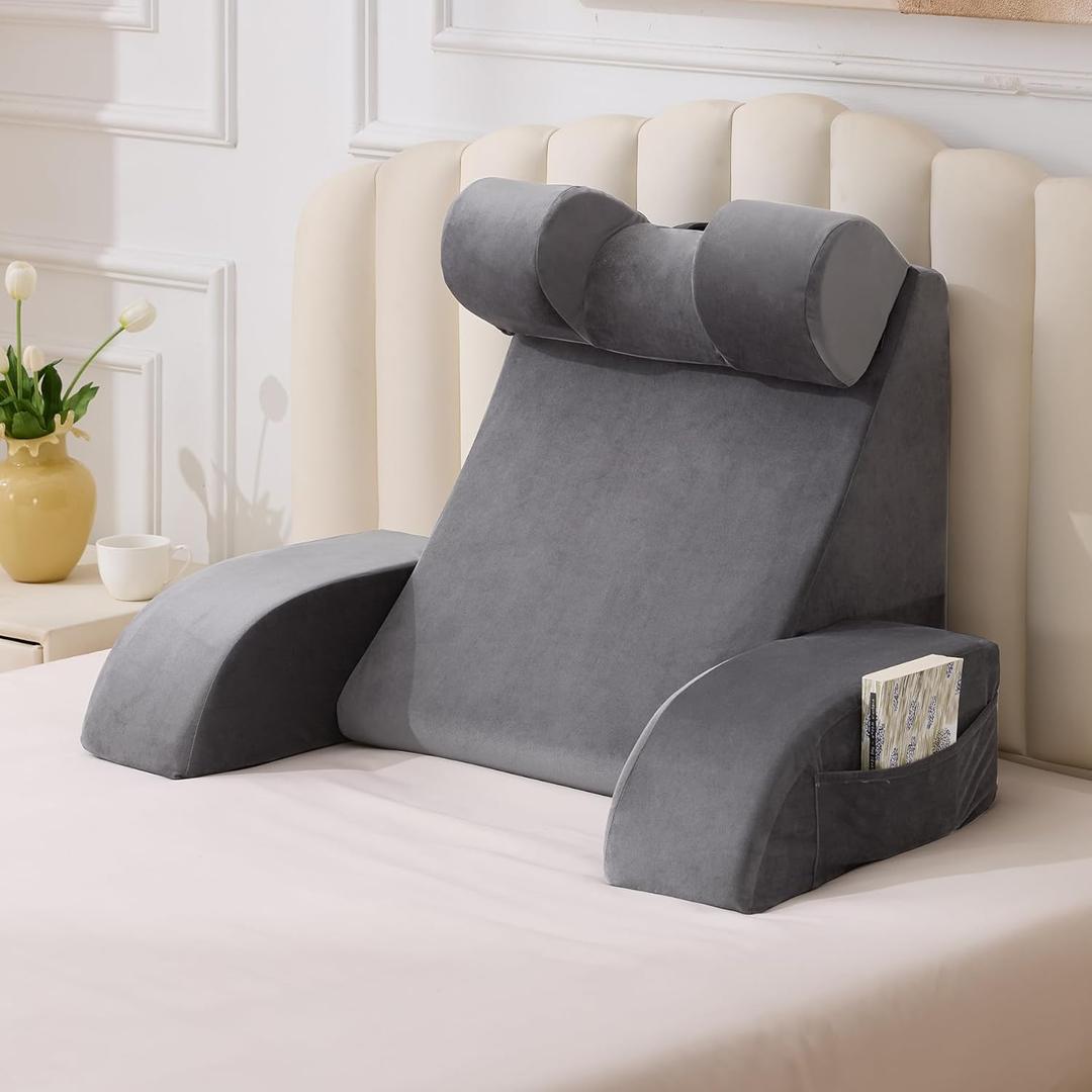 Reading Pillow for Sitting in Bed Adult, Back Pillow for Bed Sitting up, Backrest Pillow with Arms, Back Support Pillows for Gaming Lounging Watching TV, Large 21" Grey (Large (Above 5'10"))
