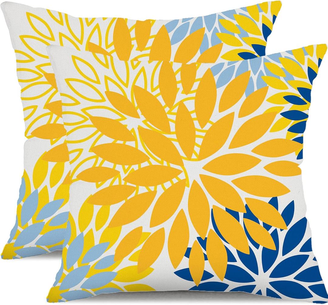 DFXSZ Yellow Blue Flower Pillow Covers 16x16 Inch Set of 2 White Gray Colored Throw Pillows Outdoor Waterproof Decor for Living Room Sofa Patio Funiture Garden Floral Polyester Pillow Covers 002J16