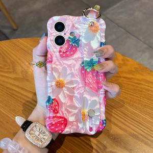 UEEBAI for iPhone 16 Plus Case, Oil Painting Flower Case with Phone Grip Pretty Glossy Wave Cover Cute Floral Curly Cover with Phone Finger Strap Stand for Women Girl, Strawberry