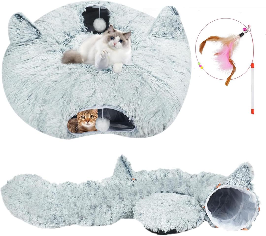 Plush Feline Tunnel Bed with Central Cushion - Indoor Cat Tunnels - Donut-Shaped Cat Bed with Anti-Slip Base - Spacious Cat Tunnel Hideaway for Kittens, Rabbits, Puppies, Ferrets