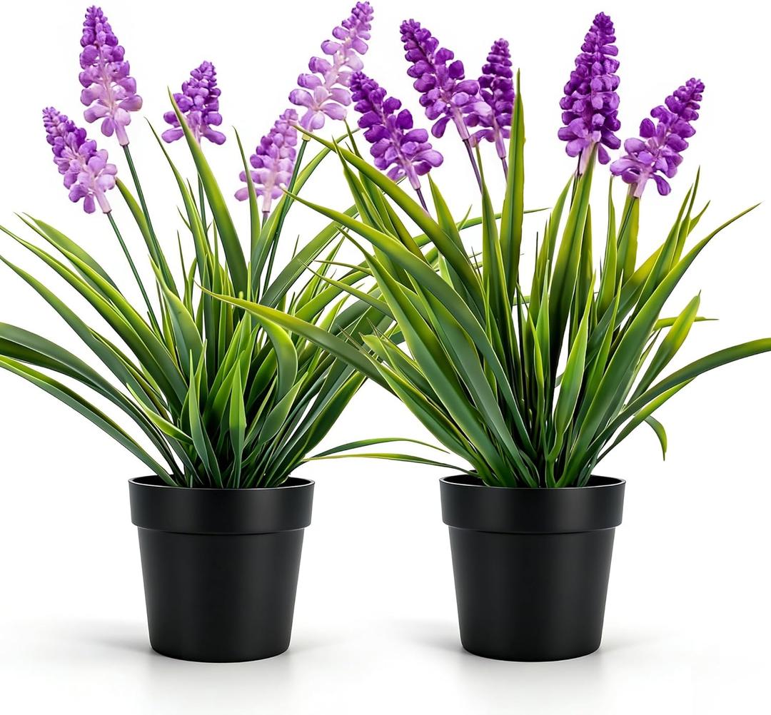 MONOID 2 Pack Artificial Hyacinth Plants - Realistic Fake Muscari Flowers in Black Pots, Small Desktop Decor Set for Home Office Bathroom, No Water Needed, Purple