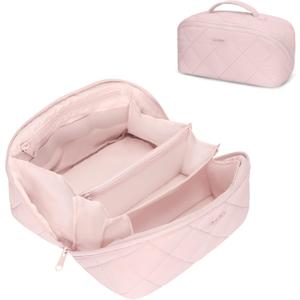 Hynes Eagle Travel Makeup Bag for Women Puffy Cosmetic Organizer Pouch Open Flat Toiletry Bag for Toiletries, Brushes Pink
