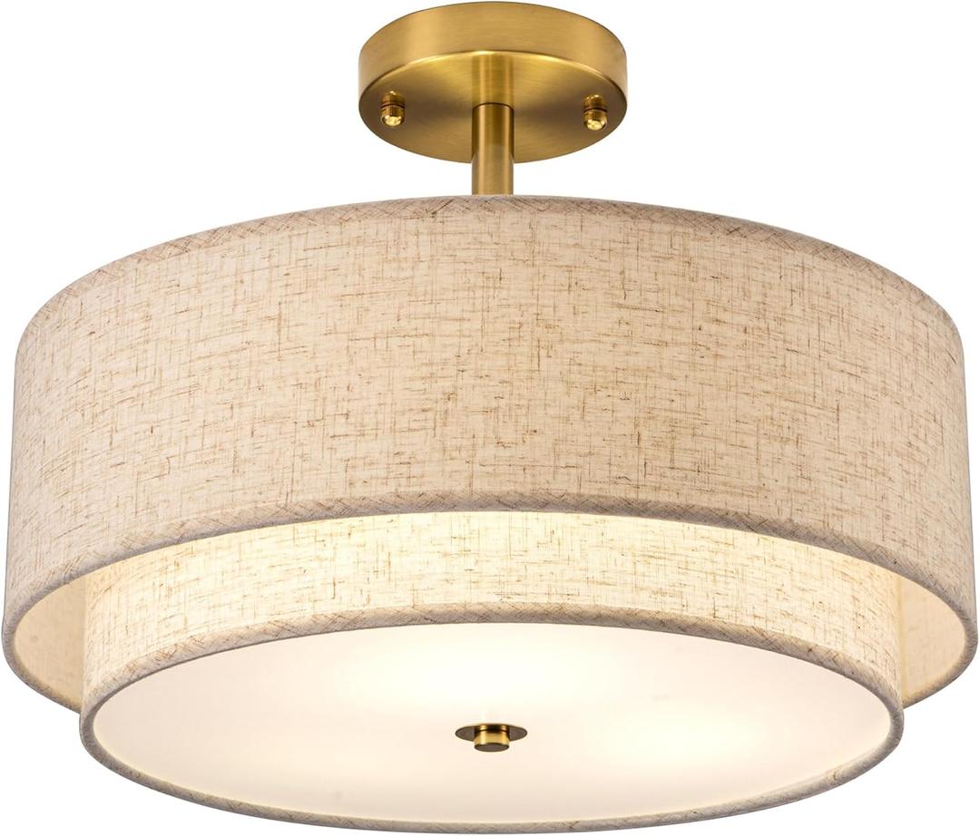 16" Semi Flush Mount Ceiling Light Fixture,Modern Close to Ceiling Light, 3-Lights Gold Drum Ceiling Light with Linen Fabric Shade for Bedroom Living Dining Room Hallway Entryway Foyer
