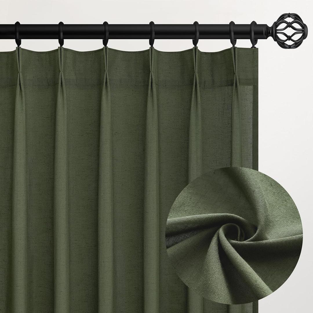 Pleated Linen Curtains 105 Inches Long for Living Room 2 Panel Set Olive Green Semi Sheer Light Filtering Pinch Pleat with Hooks Back Tab Drapes Neutral Boho 105 Inch Curtain for Bedroom Window, 40"W x 105"L