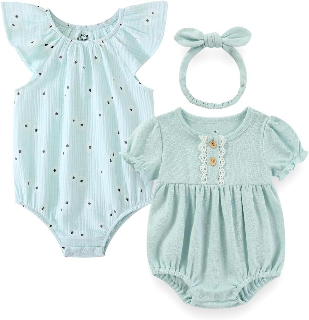Baby Girl Bodysuit and Headband Outfit Cotton Ruffle Sleeveless Baby Clothes (12-18 Months, Blue Dots)