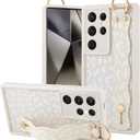 OOK Compatible with Samsung Galaxy S24 Ultra Leopard Case with Wrist Strap, Cute White Leopard Cheetah Pattern, Soft TPU Bumper Shockproof Protection Slim Cover for Women Girls, for 6.8inch