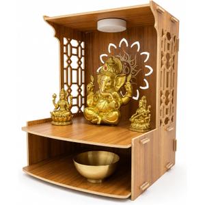 Wooden Pooja Mandir for Home with Doors - Temple Cabinet with LED Light and Storage Shelf for Hindu Worship, Living Room, Bedroom, Office