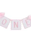 Pink Bow Themed "One" High Chair Banner - Pink Bow Girl 1st Party Decoration,Coquette Scalloped Embroidered First Party Cake Smash Prop for Women Baby Shower High Chair Decor