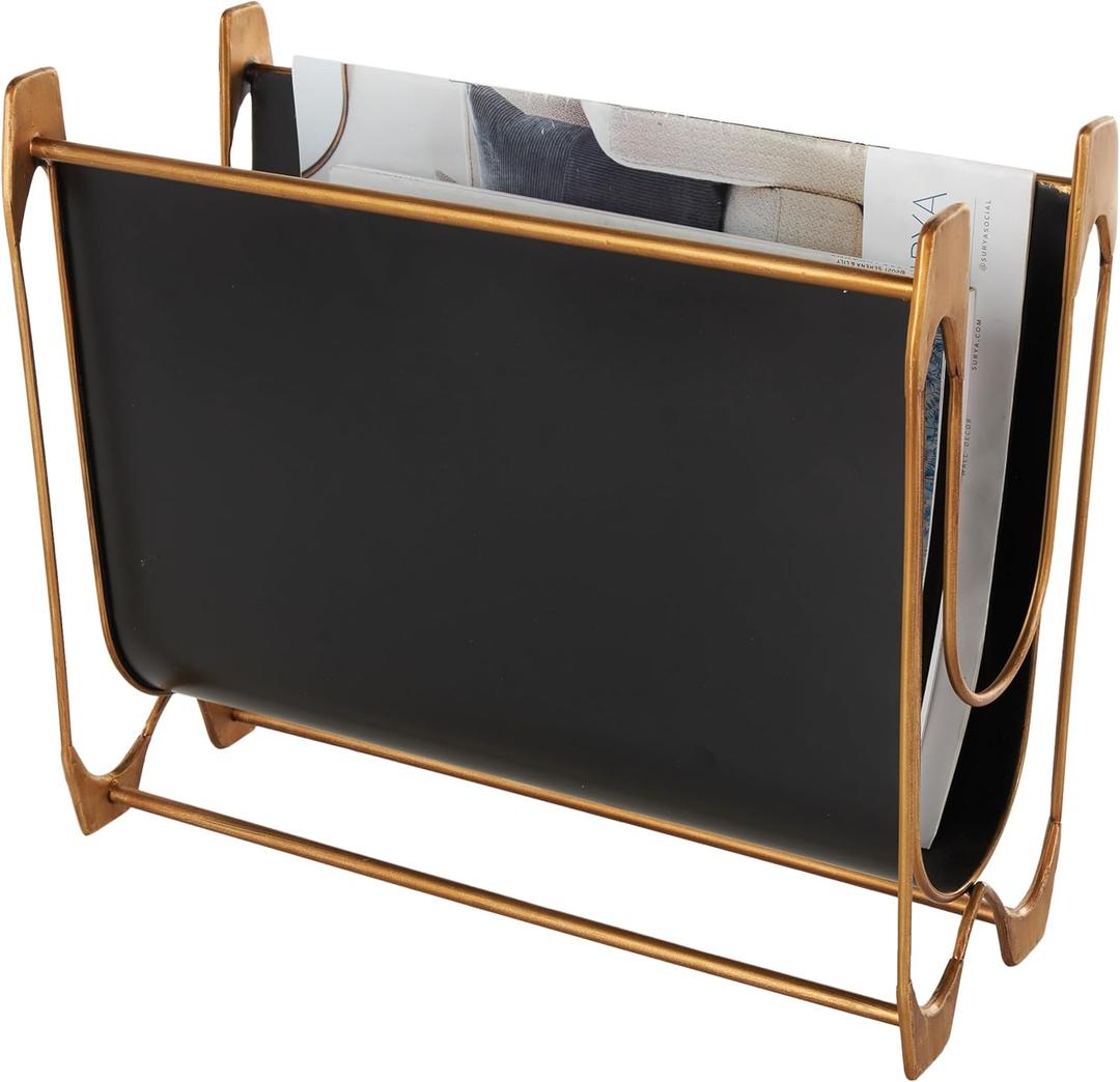 Deco 79 Metal Decorative Magazine Holder Curved Magazine Rack with Brass Stand, File Holder 15" x 7" x 13", Black