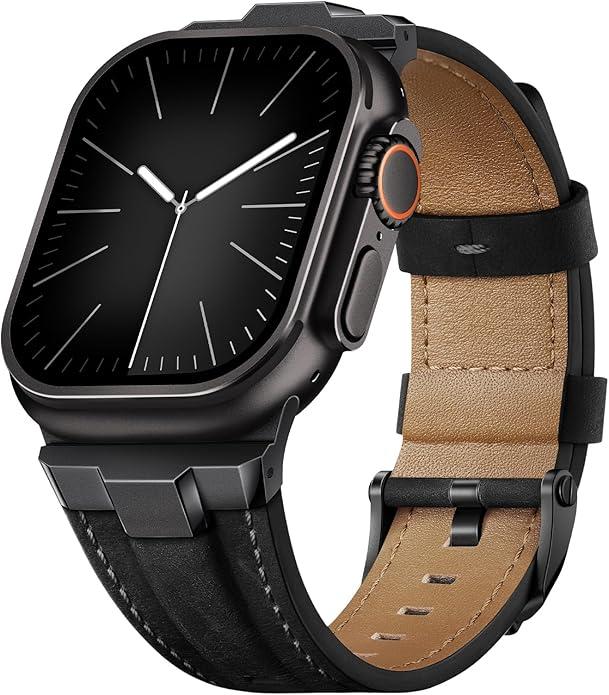 Suitisbest Leather Bands Compatible for Apple Watch Ultra Band 49mm 46mm 45mm 44mm 42mm, Genuine Leather Rugged Durable Matel Connector Replacement Strap for Women Men iWatch Ultra 10 9 8 7 6 5 4 3 SE (49mm 46mm 45mm 44mm 42mm(Series 3)