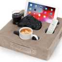 STBoo Couch Cup Holder Pillow Tray - Sofa Drink Cup Holder Cozy Buddy | Bed Caddy Organizer for Remote, Snacks Beverage, Phones, Tablet | Use it on Car, Pack, Beach, RV, Boat, Bedroom (Light Brown) (XL-13.5x13.5x3.75inch)
