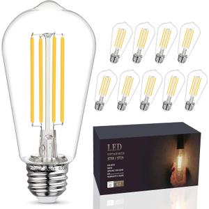 10 - Pack Shatterproof LED Edison Light Bulb 60W Equivalent, Dimmable ST58 Vintage Light Bulbs, E26 Medium Base, 6W, 800LM, 5000K, 80+ CRI, Antique Decorative Filament LED Bulb.